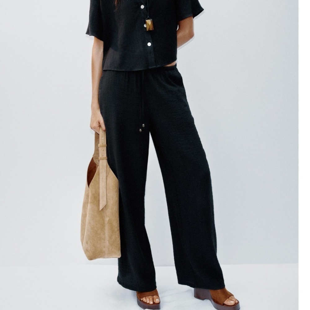 Zara Elastic High Waist Wide Leg Pants Black Size XS NWT